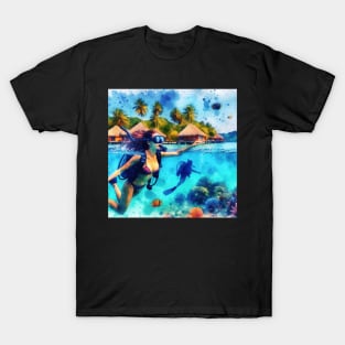 Artistic illustration of scuba divers in tropical waters T-Shirt